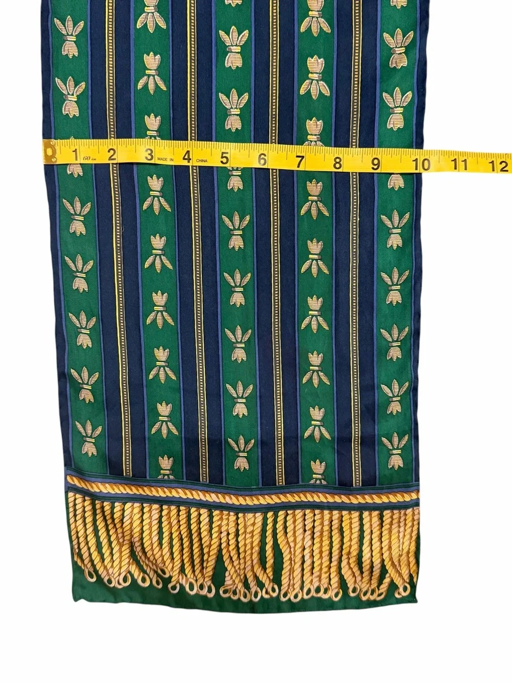 Vintage 100% Silk Scarf Green Navy Striped Gold Metallic Bee Fringe 10